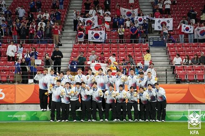 아시안게임 금메달을 획득한 축구대표팀. ⓒ 대한축구협회