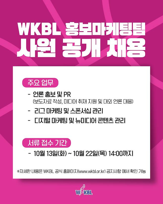 WKBL이 홍보마케팅팀 사원을 공개 채용한다. 사진 | WKBL