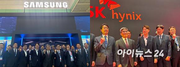 14일 서울 강남구 코엑스에서 열린 '반도체대전(SEDEX 2026)' VIP 투어 참석자들이 삼성전자(왼쪽)와 SK하이닉스 전시 부스에서 기념촬영을 하고 있다. [사진=권서아 기자]