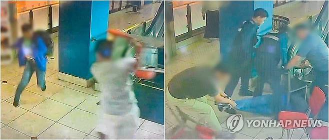 의자로 흉기난동범 제압하려는 시민 (서울=연합뉴스) 인천경찰청이 14일 공개한 CCTV 영상에 전날(13일) 인천 남동구 구월동의 대형 상업시설 건물에서 시민들이 흉기 난동범을 제압하는 장면이 담겼다. 2026.10.14 [인천경찰청 제공. 재판매 및 DB 금지] photo@yna.co.kr