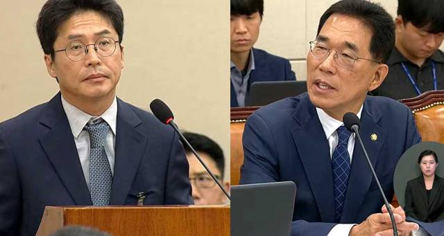 ▲ 질의하고 있는 김주영 의원(오른쪽), 질의를 듣고 있는 민광제 강남지청장. ⓒ국회방송 갈무리