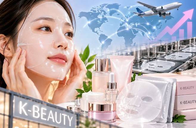 해외 수요 증가로 주목받는 K뷰티 하이드로겔 마스크와 화장품 생산·수출 확대를 AI 생성 형상화 한 이미지. 챗GPT 제공.