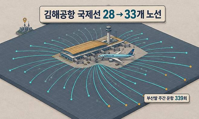 대한항공이 국회에 제출한 통합 LCC 부산 제2허브 구축계획안에서 김해공항 국제선을 28개에서 33개로 늘리는 방안을 형상화한 인포그래픽 이미지. 인공지능(AI) 플랫폼 ‘세계온(SEGYE.On)’으로 생성