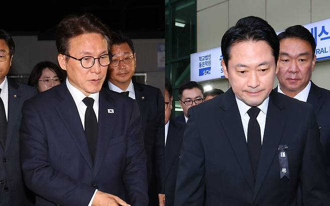 김민석 더불어민주당 대표(왼쪽)와 장동혁 국민의힘 대표가 18일 각각 경기 부천시 순천향대학교 부천병원 장례식장에 마련된 부천 공장 화재 순직 고(故) 김진석 소방위 조문을 위해 빈소를 찾았다. ⓒ연합뉴스