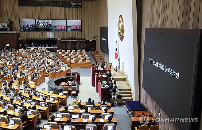 윤 대통령 탄핵소추안 가결 선포 (서울=연합뉴스) 김주성 기자 = 우원식 국회의장이 14일 오후 국회 본회의에서 윤석열 대통령 탄핵소추안에 대한 가결을 선포하고 있다. 2024.12.14 utzza@yna.co.kr