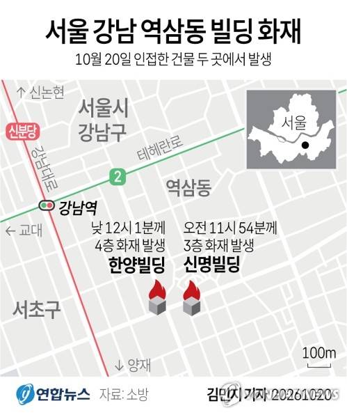[그래픽] 서울 강남 역삼동 빌딩 동시다발 화재 (서울=연합뉴스) 김민지 기자 = 20일 정오 전후로 서울 강남구 역삼동 소재 건물 두 곳에서 화재가 발생했다.
    minfo@yna.co.kr
    X(트위터) @yonhap_graphics 인스타그램 @yonhapgraphics