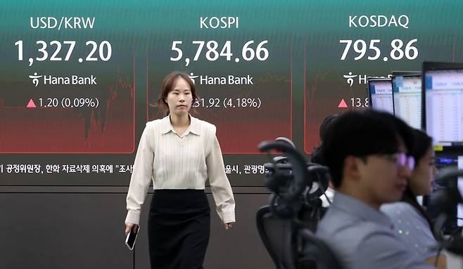 21일 서울 중구 하나은행 본점 딜링룸에 코스피, 코스닥 등 지수 현황이 나오고 있다. 뉴스1