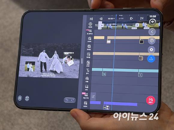 애플의 아이폰 듀오에 설치한 영상 편집 앱 '블로(VLLO)'로 영상을 편집하는 모습. [사진=권서아 기자]