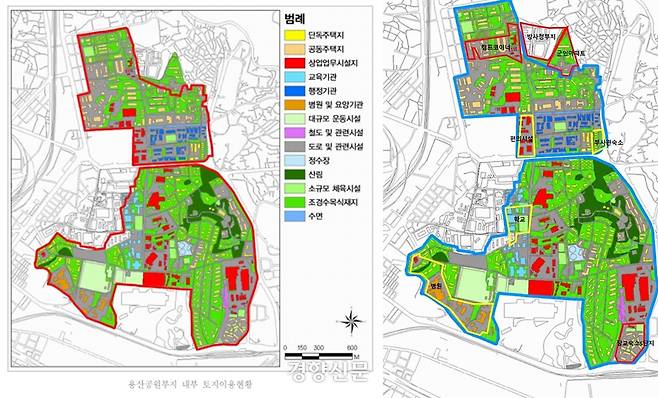 서울시 용산공원 조성 기본구상 보고서(2009)에 인용된 용산공원 내부 토지 이용 현황(왼쪽). 오른쪽은 해당 지도에 최근 주택공급 후보지로 거론되는 부지를 합친 것이다. 윤종군 의원실 제공