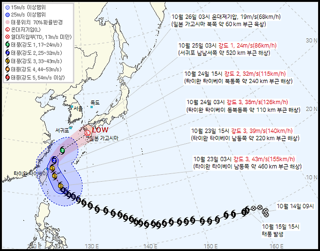 오늘(23일) 오전 3시 발표된 제30호 태풍 '참피' 예상경로 및 강도 / 사진 = 기상청