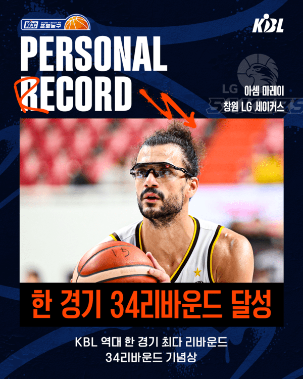 KBL이 지난 10월 22일(목) 울산 현대모비스와 창원 LG의 경기에서 한 경기 최다 리바운드 34개를 기록한 LG 아셈 마레이 선수에게 기념상을 시상한다. (창원 LG 아셈 마레이 선수 34리바운드 기념상 시상 안내). /사진=KBL