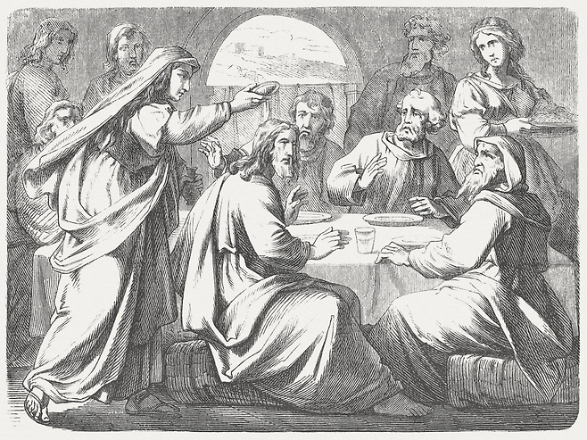 베다니에서 향유를 부음, 율리우스 슈노르 폰 카롤스펠트, 1860년, ‘그림 성경’