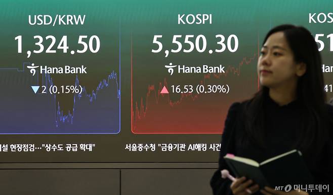 (서울=뉴스1) 이종수 기자 = 23일 오후 서울 중구 하나은행 딜링룸 전광판에 코스피 지수 등 시황이 표시되고 있다.   이날 코스피는 전일 종가와 비교해 16.53포인트(p)(0.30%) 상승한 5550.30로 거래를 마쳤다. 2026.10.23/뉴스1  Copyright (C) 뉴스1. All rights reserved. 무단 전재 및 재배포,  AI학습 이용 금지. /사진=(서울=뉴스1) 이종수 기자