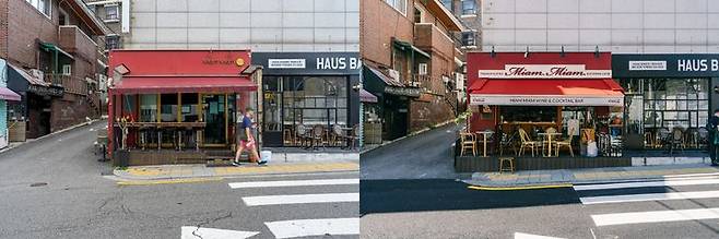 [서울=뉴시스] 서울 용산구 해방촌 '미암미암' 매장의 '코카콜라X해방촌' 협업 전(왼쪽)과 후의 모습. (사진=코카콜라 제공) *재판매 및 DB 금지