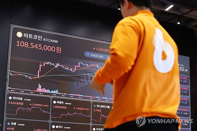 당정, 가상자산 과세 유예 결론 못내 (서울=연합뉴스) 진연수 기자 = 더불어민주당과 정부가 내년 1월 가상자산 과세 시행을 앞두고 28일 국회에서 당정협의회를 열어 이를 유예할지 논의했으나 결론을 내지 못했다. 민주당은 과세 시행과 관련한 전반을 점검하면서 당 차원의 논의를 거칠 방침이다. 사진은 이날 서울 서초구 빗썸라운지 모습. 2026.10.28 jin90@yna.co.kr