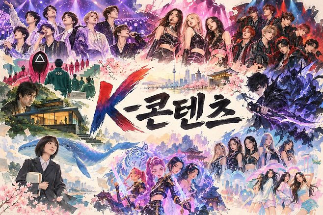 최근 몇 년 사이 글로벌 시장에서 의미 있는 성공을 거두고 있는 K-콘텐츠 사례들이 속속 등장하고 있다. (이미지=AI로 생성)