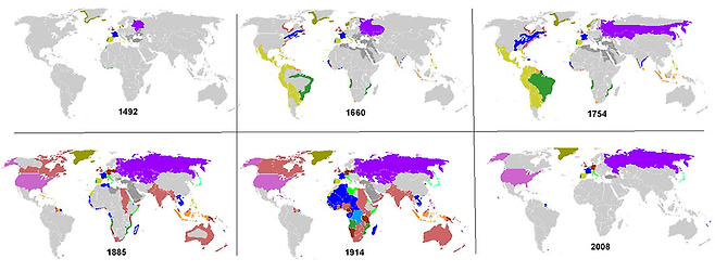 식민지를 가졌던 나라들과 식민지가 되었던 땅을 표시한 지도. 20세기 초 식민주의가 정점에 달했었다. © 위키미디어 제공