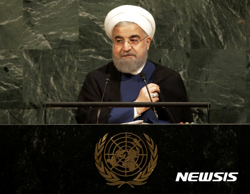 【유엔=AP/뉴시스】하산 로하니 이란 대통령이 20일(현지시간) 유엔 총회에서 연설하고 있다. 2017.09.21