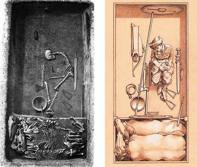 1889년 발굴 당시 바이킹 전사의 무덤 내부를 그린 그림(왼쪽)과 이번에 DNA 분석 결과를 토대로 그린 무덤 내부 상상도(오른쪽). 여성 전사가 칼과 도끼, 군마(軍馬)들과 같이 매장된 모습이다.