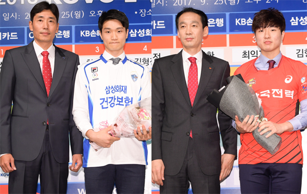 (왼쪽부터) 삼성화재 신진식 감독과 김형진, 한국전력 김철수 감독과 이호건.
