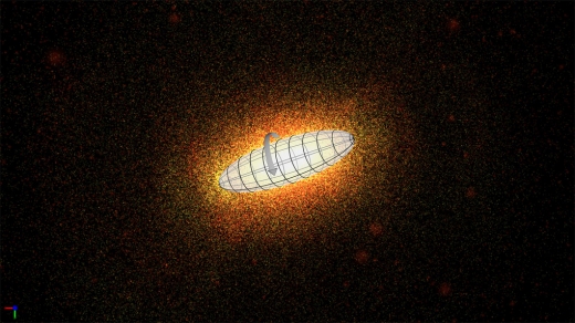 긴 지름을 축으로 회전하는 방추형 은하의 모형. (사진=J. Chang, PMO/ T. Müller, HdA)