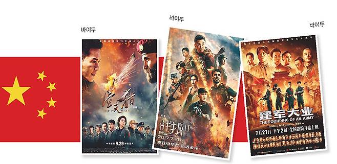 중국 최신예 전투기들이 등장하는 영화 ‘스카이헌터’의 포스터. 중국 최고 흥행 기록을 세운 영화 ‘전랑2’의 포스터. 중국 인민해방군의 창군 과정을 다룬 영화 ‘건군대업’의 포스터(왼쪽부터).