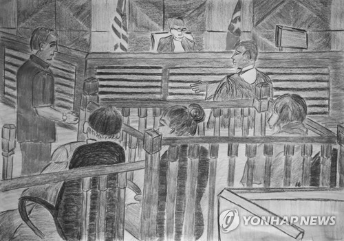2017년 10월 12일 말레이시아 샤알람 고등법원에서 진행된 김정남 암살 사건 공판 모습을 묘사한 스케치. [AP=연합뉴스]