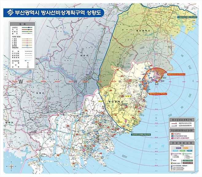 고리 원전 방사선비상계획구역. 고리원전에서 20~21km인데 파란색 선 안이다. 부산시 제공