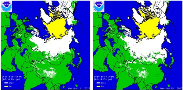 유라시아 북부의 동토층을 관측한 미 국립해양대기청(NOAA)의 자료. 얼음에 덮인 지역(노란색)과 눈 덮인 지역(흰색)의 면적이 지난 1일(왼쪽)에 비해 15일엔 많이 늘어나 있다. 흰 부분이 한반도 북쪽으로까지 내려온 것이 눈에 띈다.