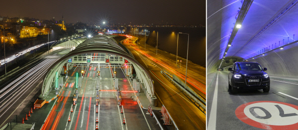 터키 이스탄불 유라시아 해저터널을 지나는 차량들의 모습을 고속 촬영한 모습(왼쪽 사진)과 유라시아해저터널 내부. SK건설 제공
