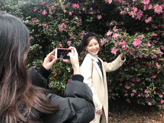 지난 18일 서귀포시 카멜리아힐을 찾은 관광객들이 동백꽃을 배경으로 기념촬영을 하며 즐거워 하고 있다. 최충일 기자