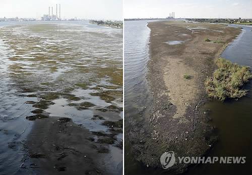 이집트-에티오피아 나일강 물 전쟁 터질라 (카이로 로이터=연합뉴스) 이집트 카이로를 지나는 나일강의 유량을 찍은 사진으로 왼쪽은 2015년 11월, 오른쪽은 지난 11월 촬영한 것이다. 에티오피아가 나일강 상류에 초대형 수력발전 댐 건설에 나서자 이집트가 자국으로 유입되는 강물의 양이 현격히 줄 것으로 우려하면서 양국 간에 긴장이 고조되고 있다고 영국 일간 파이낸셜타임스(FT)가 27일(현지시간) 전했다. ymarshal@yna.co.kr