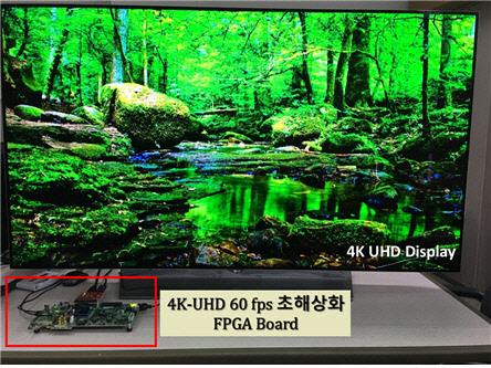 김문철 KAIST 교수팀이 개발한 인공지능으로 풀 HD 영상을 4K-UHD 화질로 업스케일링하는 하드웨어의 시연 모습. KAIST 제공