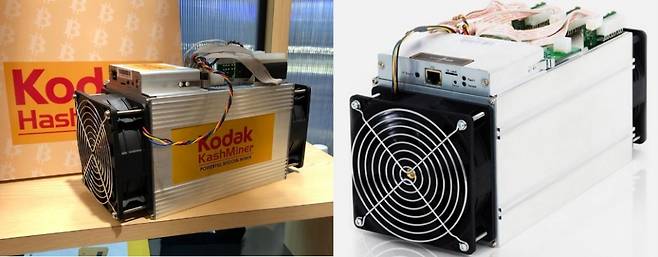 코닥이 임대하는 비트코인 채굴기 '캐시마이너'(왼쪽)와 중국 비트메인이 판매하는 '앤트마이너 S9'/사진=cnbc화면 캡처, 비트메인 사이트