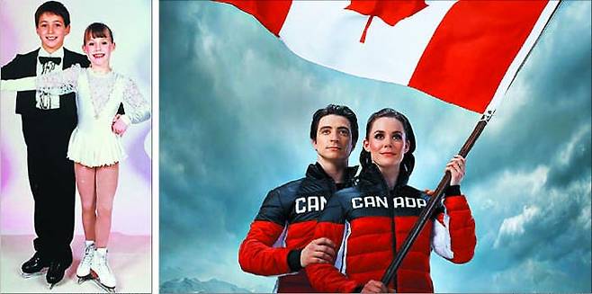 테사 버추(작은 사진 오른쪽)와 스콧 모이어의 어린 시절. 20년 넘게 아이스댄스 파트너로 호흡을 맞춘 둘은 평창올림픽 캐나다 선수단 기수로 뽑혔다(오른쪽 사진). /테사 버추 인스타그램 캐나다올림픽위원회