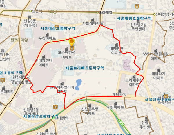서울 보라매초등학교의 통학구역.  /자료=학구도 알림 서비스
