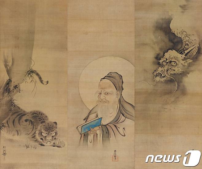 '유마‧용호도'(維摩‧龍虎圖)>, 가노 마사노부(狩野昌信, 1621~1688), 가노 기요노부(狩野淸信, 1627~1703), 가쓰타 지쿠오(勝田竹翁, 17세기 활동), 에도시대, 17세기, 비단에 채색, 83.3×32.7cm, 도쿄국립박물관 소장 © News1