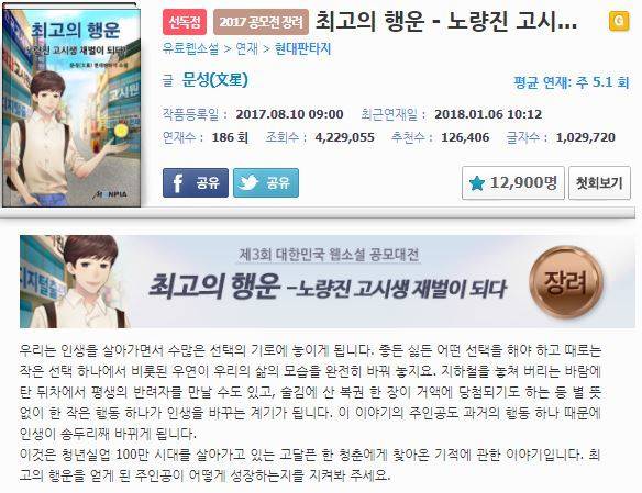 웹소설 <최고의 행운―노량진 고시생 재벌이 되다> 화면 갈무리.