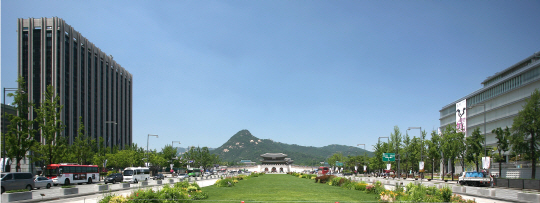 지상 19층 높이의 정부종합청사(현 정부서울청사·왼쪽)와 대한민국역사박물관이 서울 광화문광장을 사이에 놓고 마주 보고 있다. 광장 끝나는 지점에 멀리 광화문(가운데)이 보인다.