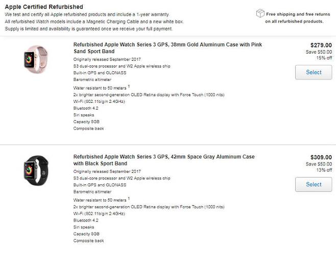 애플이 리퍼비시(Refurbished) 애플워치 시리즈3를 최대 15% 저렴한 가격에 판매한다.