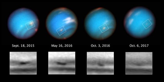 허블우주망원경은 해왕성의 이 일련의 이미지를 2년 넘게 관측했다.표면의 어두운 소용돌이가 긴지름을 가로질러 5,000km서 3,700km로 서서히 줄어드는 것을 보여준다(출처=M.H. Wong and A.I. Hsu (UC Berkeley)/NASA/ESA)