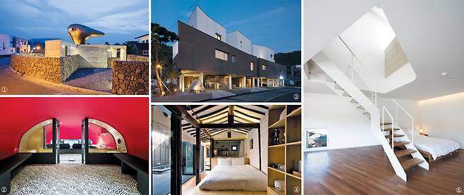 건축가의 고민이 담겨 있는 공간에서의 하룻밤은 그 어떤 여행보다 특별할 수 있다. 공간 속 건축가가 숨겨놓은 디테일과 마주하는 순간 영감은 깨어난다. ①제주 한경면 저지리에 있는 건축가 문훈의 감각이 묻어나는 렌털하우스 ‘우주오리’는 보는 방향에 따라 오리 같기도, 바람결에 머리카락을 흩날리는 여자의 형상 같기도 하다. ②제주시 한경면 저지리 렌털하우스 ‘우주오리’의 오리 눈 부분은 전망대 겸 라운지로 꾸몄다. ③경남 남해 ‘613여관’은 건축가 서승모의 작품이다. ④종로구 창신동의 80년 된 한옥은 건축가 이상묵의 영감이 더해져 현대적 숙소 ‘창신기지’로 변신했다. ⑤경남 남해 ‘613여관’의 내부. /② 남궁선 ①⑤ 진효숙 ④임영근 영상미디어 기자