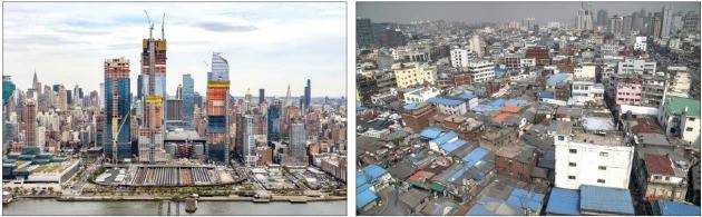 < 초고층 변신하는 뉴욕 허드슨 야드…노후 건물 방치된 서울 을지로 > 최고 용적률 3300%를 적용받아 초고층으로 개발되고 있는 미국 뉴욕 맨해튼 허드슨 야드(왼쪽)와 규제에 막혀 1970년대에 지은 노후 건물이 그대로 방치돼 있는 서울 을지로 모습(오른쪽). /한경DB