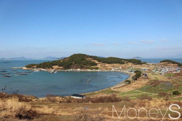 지난 6일 찾은 슬로길 1코스 서편제길 인근에서 본 도락리해변은 빙그레 웃는 듯한 논썹 동그란 풍광이 아름답다. 4월이면 푸른 바다와 초록 유채, 노란 유채꽃이 어우러진 청산도의 청녹황 세계가 펼쳐진다. /사진=박정웅 기자