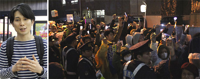 스와하라 다케시 씨(왼쪽 사진)는 3일 동아일보와의 인터뷰에서 “한국은 주권자가 참여해 정치를 만들어 나간다는 점에서 일본보다 한발 앞서 있다”며 “일본의 촛불시위는 한국에서 매우 큰 영향을 받았다”고 했다. 오른쪽 사진은 지난달 23일 첫 촛불시위에 참석한 시민들. 도쿄=장원재 특파원 peacechaos@donga.com