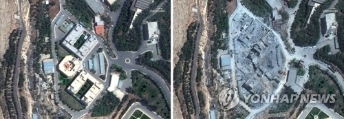 미국·영국·프랑스의 공습으로 파괴된 다마스쿠스 외곽 시리아과학연구센터의 공습 전(왼쪽)과 후 비교 이미지.  [EPA=연합뉴스]