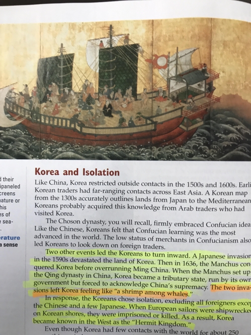 피어슨 프렌티스 홀 간행 교과서의 한국 소개 내용 색칠한 부분에 '고래사이에 낀 새우'라는 표현이 나온다.