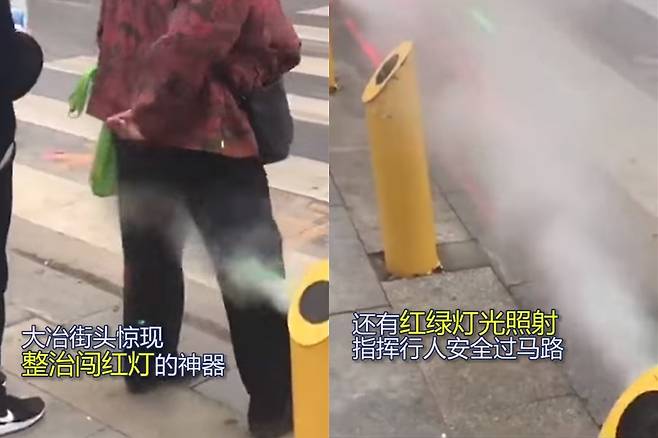 무단횡단 물벼락 말뚝 - 무단횡단을 하면 물벼락을 내리는 말뚝이 중국 후베이성 다예시에 설치됐다. 유튜브 캡처