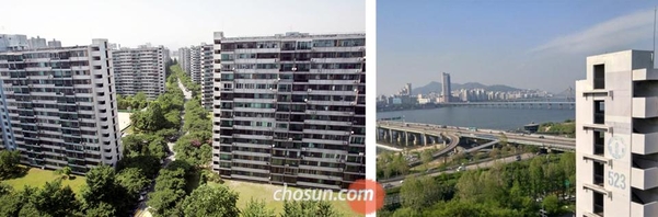 서울 송파구 잠실주공5단지 아파트(왼쪽). 서울시가 이 아파트 1개 동(오른쪽)을 ‘미래 유산’으로 남기라고 해 조합원들과 마찰을 빚었다. /이진한 기자