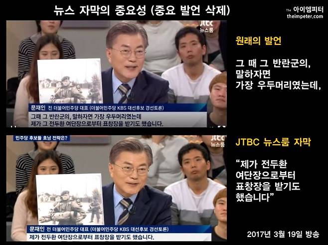 2017년 JTBC 뉴스룸은 문재인 당시 민주당 대선후보의 경선 토론 발언 일부를 삭제해 보도했다. ⓒ임병도